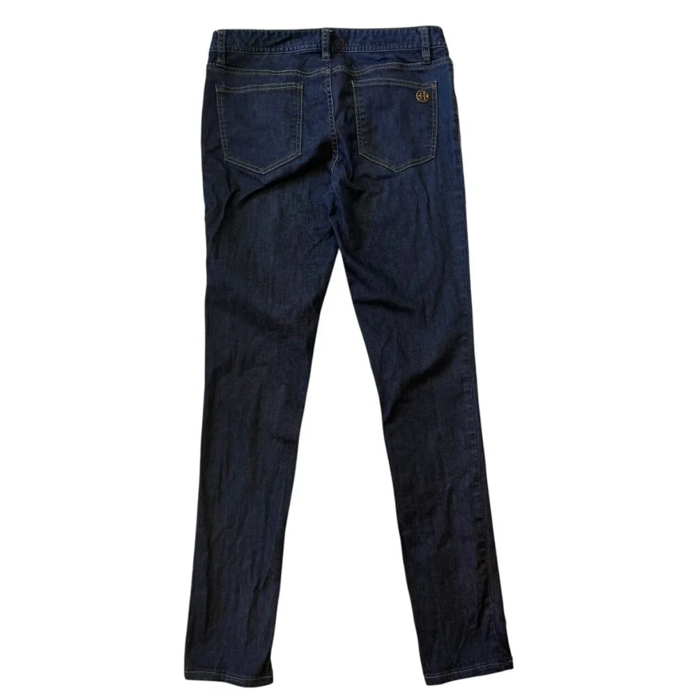 Tory Burch Dark Wash Mid Rise Denim Legging Skinny Jeans Gold Emblem size 29